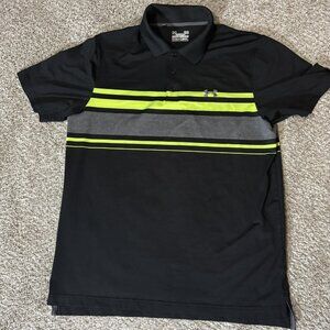 Under Armour Polo Shirt Mens Large Black Gray Neon Stripe HeatGear Golf Athletic